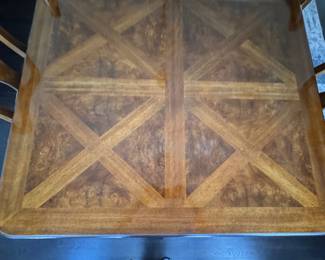 Drexel Heritage "Connoisseur Dining Table. Pictured with Set of 10 Drexel Heritage Fiddleback Dining Chairs. Table Measures 76" L x 40" D with 3 15.5" Leaves; 29" H with 26" Clearance. Photo 7 of 9. 