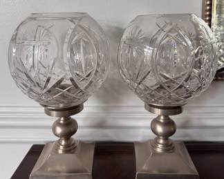 Waterford Crystal Cut Glass Globe Candleholders. 