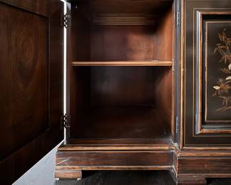 Drexel Heritage Et Cetera Collection Black Lacquer Sideboard with Hand-Painted Asian Garden Theme. Measures 78" W x 20" D x 32" H. Photo 7 of 8.