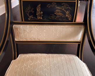 Drexel Heritage Chinoiserie Black Lacquer / Hollywood Regency Arm Chairs. Each Measures 24" W x 24" D with 19" Seat Height. Photo 2 of 6. 