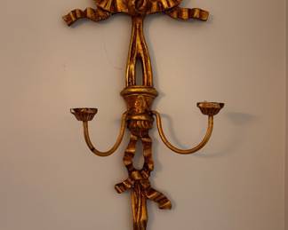 Pair of Hollywood Regency Gilded Wood "Bow Motif" Two-Arm Wall Mount Candelabra. Photo 1 of 2. 