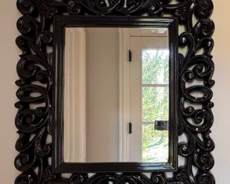 Black Lacquer Floral Carved Wood Mirror with Fleur De Lis Edges. Measures 26" x 26." Photo 1 of 2. 