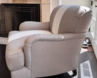 Pair of English Roll Arm Club Chairs Upholstered in Vertical "Racing Stripe" Fabric. The Sydney Chair by Barclay Butera for Lexington Home. Down Filled Cushions. Each Measures 32" W x 40" D. Photo 3 of 4.