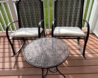 Garden Metal Patio Rocking Chair Set with Tan Cushions and Outdoor Side Table (3-Piece)