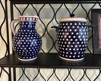 These are handmade, hand-painted Blue Rose Polish Pottery pieces from the Bolesławiec region of Poland featuring a "Blue Stars" pattern