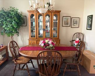 Dining table, china hutch, faux tree