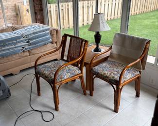 Rattan cane chairs, oak side table, couch
