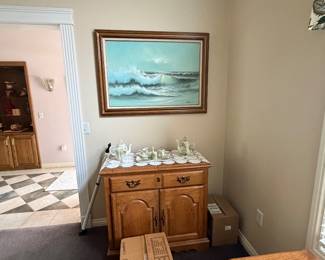 Art work, fine china, small oak cabinet 
