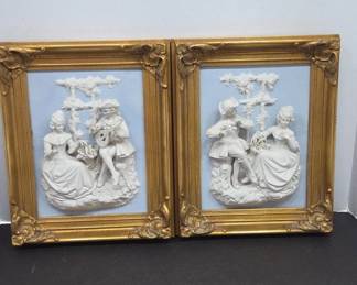 Framed White Relief Plaques in Gold Frames