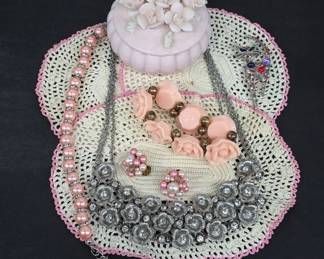 Jewelry and Pink Ceramic Dish