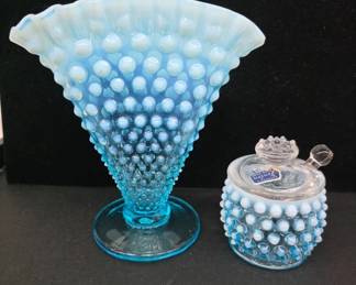 Fenton Blue Hobnail Glass Vase and Dish
