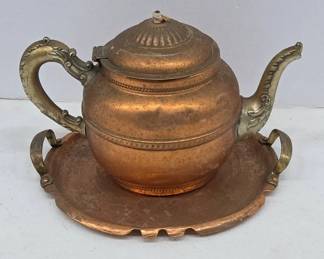 Copper Teapot and Tray With Brass Handles