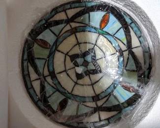 VINPLUS 12 in. 2-Light White Flush Mount with Amber Green Stained Glass Shade