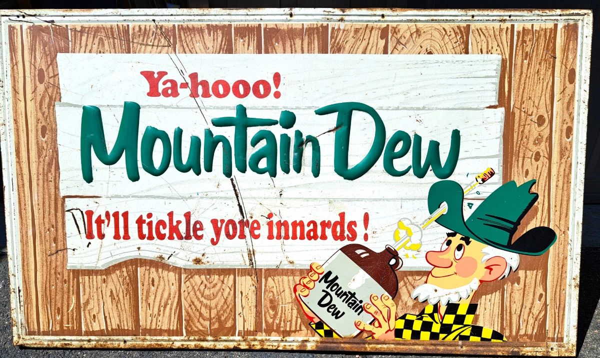 RARE LARGE MOUNTAIN DEW METAL SIGN W HILLBILLY 58 X 35