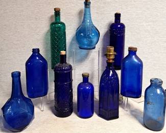 COBALT GLASS BOTTLES & 1 LAMP