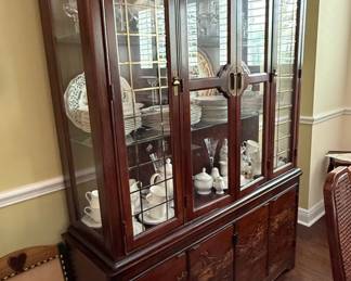 Vintage Chinoiserie Carved Wood and Glass Display Cabinet or Hutch