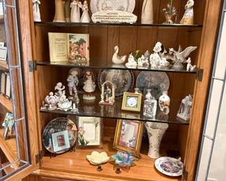 Assorted Decorative Figurines and Collectibles Display in Oak Curio Cabinet