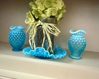Fenton Hobnail Opalescent Blue Bud Vases and Ruffled Dish Set