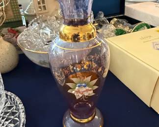 Bohemian Cobalt Blue Glass Vase with Gilded Accents and Floral Motif