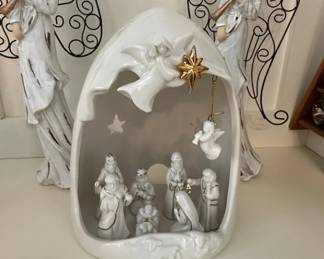 White Porcelain Nativity Scene with Flanking Angels