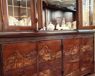 Vintage Broyhill Walnut Parquetry Asian Cabinet