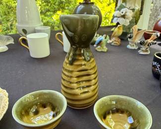 Japanese Ceramic Sake Set with Tokkuri and Ochoko Oribe Style