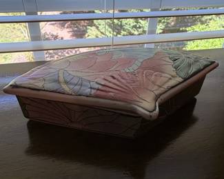 Vintage FanShaped Ceramic Trinket Box with Lotus Floral Motif and Red Mark second image