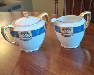 Porcelain Sugar Bowl, Creamer, and Platter Set Derby Bleu Pattern