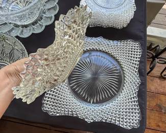 Anchor Hocking Miss America Clear Glass Footed Compote Bowl and Square Plates