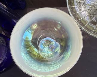 Vintage Clear Pressed Glass Six Point Star Pedestal Cake Stand and Vintage Iridescent Glass Pedestal Cake Stand second image