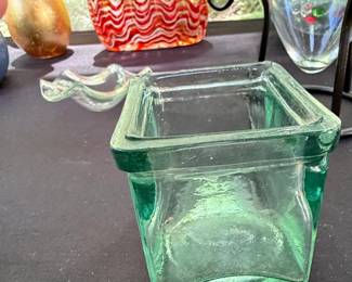 Vintage Green Glass Square Candle Holder or Votive Holder