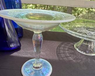 Vintage Clear Pressed Glass Six Point Star Pedestal Cake Stand and Vintage Iridescent Glass Pedestal Cake Stand third image