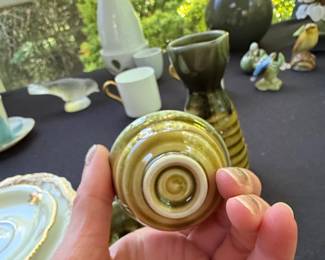 Japanese Ceramic Sake Set with Tokkuri and Ochoko Oribe Style third image