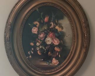 Oval Floral Still Life Oil Painting by R. Rosini in Gilt Frame
