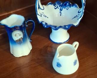 Flow Blue Porcelain Pitcher, Creamer, and Basket