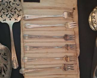 Sterling Silver Pastry Server and Cocktail Forks Set in Presentation Roll