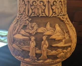 Vintage Ivory Dynasty Carved Resin Lidded Vase with Figural and Landscape Scenes