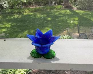 Cobalt Blue Blown Glass Tulip Candle Holder with Green Leaves