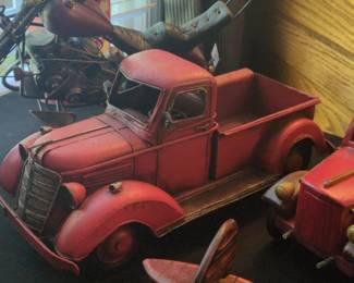 Vintage Style Red Pickup Truck Metal Sculpture