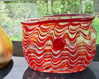 Murano Style Art Glass Vase Red and White Swirls with Applied Orb