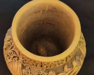 Vintage Ivory Dynasty Carved Resin Lidded Vase with Figural and Landscape Scenes third image