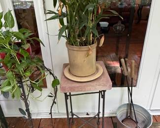 Vintage Ceramic Crock Planter with Metal Stand and Fireplace Tools