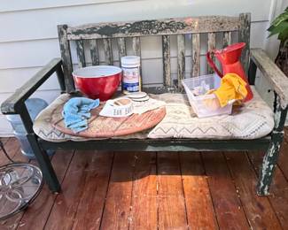 Distressed Green Wooden Garden Bench with Decorative Back