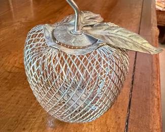 Vintage Silver Metal Apple Basket with Leaf Accent