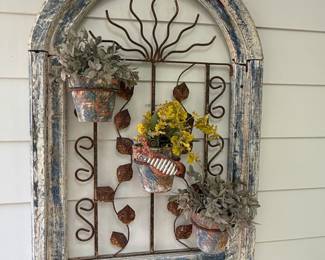 Distressed Arched Window Wall Decor with Triple Planters