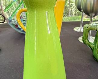 Vintage Lime Green Crackle Glaze Pitcher and Yellow Mug Set