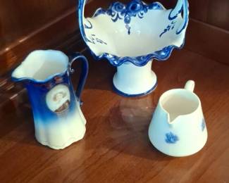 Flow Blue Porcelain Pitcher, Basket, and Creamer Set