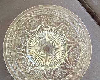 Vintage Pressed Glass Cake Stand with Embossed Floral and Beaded Pattern second image