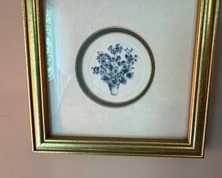 Blue Floral Print in Gold Frame