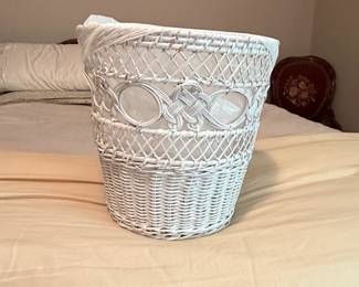 Vintage White Wicker Wastebasket with Braided Knot Detail